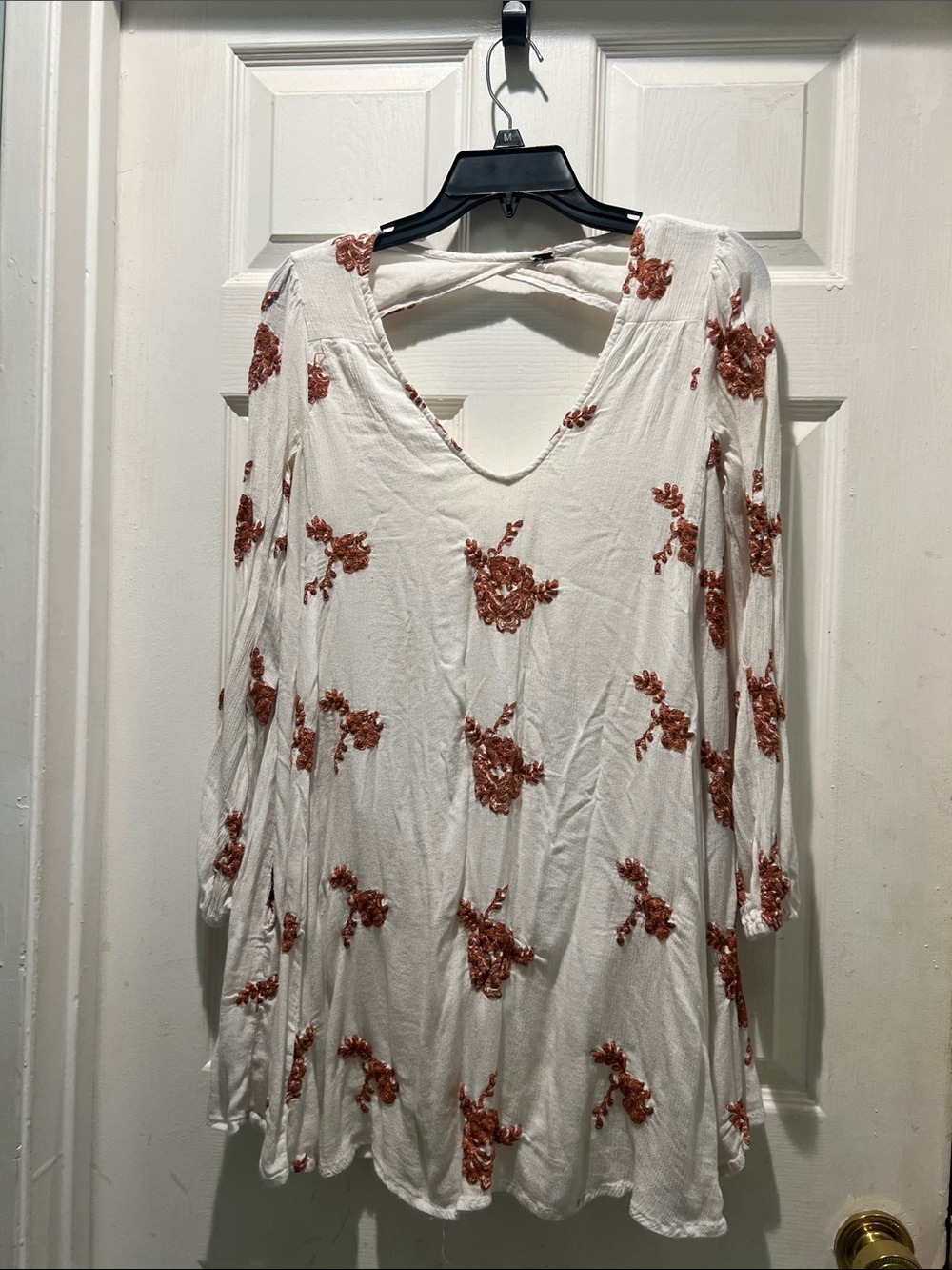 Free People White Long-Sleeve Dress with Rust Floral Embroidery